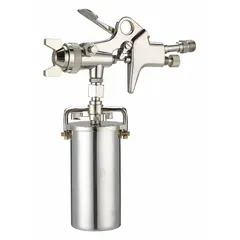 This conventional spray gun is designed for applying coatings, enamels, and paints. It features a 9-inch length and a 1/4-inch air inlet, with an air consumption of 2.8 cfm at 40 psi. Suitable for medium-viscosity fluids in finishing and maintenance painting tasks.