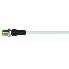 Single-ended cordset with M12 male straight connector and bare wire end. Features 4 pins, 22 AWG wire, gray PVC jacket, 0.6 m cable length. Rated IP65, max current 4 A. Suitable for flexing applications in industrial automation, packaging, and material handling equipment.