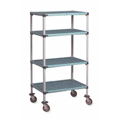 Mobile plastic shelving unit with 4 shelves, overall height 67 inches. Features antimicrobial and corrosion-resistant shelves. Suitable for dry storage and transport in commercial and institutional settings.