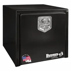 This single drop-down door box is constructed from black-finished steel and features a keyed lock for security. It is designed for underbody mounting on trucks and utility vehicles, providing weather-resistant storage for tools and equipment. Suitable for fleet and vehicle maintenance applications.