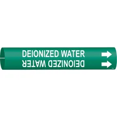 Green snap-on pipe marker with white legend reading 'Deionized Water' and directional arrows. Fits pipe outer diameters from 3/4 to 1-3/8 inches. Used to identify deionized water lines in industrial piping systems.