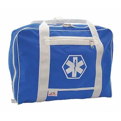 This blue nylon duffle bag offers a 5,200 cubic inch interior volume for organizing and transporting medical and trauma supplies. Dimensions are 24 inches long, 13 inches wide, and 16 inches high. Suitable for emergency response and field medical use.