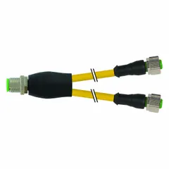M12 to M12 Y-distributor cordset with a straight male end and two straight female ends. Features 4 pins, 0.34 sq mm wire size, yellow PVC jacket, and IP67 rating. Cable length 0.6 m. Used to split a single M12 connection into two in sensor networks and automation systems.