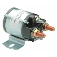SPST-NO DC power solenoid with 12 V DC coil, rated for continuous duty. Features 3 terminals with #10-32 coil termination and 5/16 in-24 contact termination. Used for switching high-current DC loads in battery systems, power distribution, and industrial controls