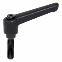 This teardrop-style adjustable handle features a plastic lever body with a steel threaded stud. It has an M8 thread size and a 63 mm thread length. Used for manual clamping, positioning, or adjustment of machinery components in industrial settings
