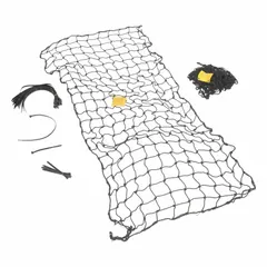 Black nylon pallet rack netting measuring 111 inches by 96 inches. Includes nylon zip ties for installation. Used to secure items on pallet racks, preventing falls and improving warehouse safety.