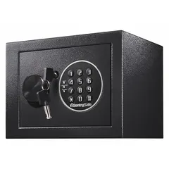 Free-standing security safe with 0.14 cu ft capacity, constructed from steel. Measures 6 5/8 in H x 9 in W x 6 5/8 in D. Equipped with a digital combination lock and 2 locking bolts. Not fire rated. Suitable for securing small valuables, documents, or cash in home or office settings.
