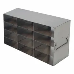 This stainless steel freezer rack is designed for organizing and storing frozen samples, vials, or boxes in cold storage environments. It includes handles for easy transport within freezers. Overall length 18 3/4 in, overall width 5 7/8 in.