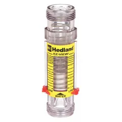 This HEDLAND flowmeter is an inline variable area meter for water, with a scale display showing flow in gallons. Accuracy is +/-5%. It features Buna-N seals and O-rings, and universal mounting orientation. No pressure gauge or flow adjustment knob is included.