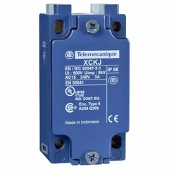 Metallic body and receptacle assembly for limit switches, part of the XCKJ series. Features DPDT contacts with screw clamp terminals. Designed for use in industrial automation and machinery for position or presence detection.