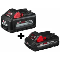 This Milwaukee M18 battery pack includes two batteries: a 3 Ah (48-11-1835) and a 6 Ah (48-11-1865), both rated at 18V DC. It powers M18 cordless tools such as drills, saws, and impact wrenches for construction, maintenance, and industrial applications.
