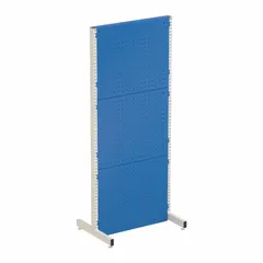 Steel floor rack with powder-coated blue finish. Includes two T-feet for stability. Square peg holes accept standard 3/8 in hooks and accessories. Used for organizing tools, parts, or merchandise in workshops, retail stores, and warehouses.