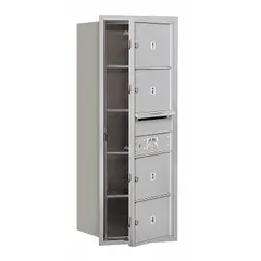 Horizontal multi-unit mailbox with 4 lockable doors, designed for recessed mounting. Measures 37 7/8 in H x 17 in W x 16 1/2 in D. Suitable for apartment buildings, condominiums, or commercial facilities requiring secure mail distribution to multiple tenants or departments.