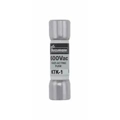 BUSSMANN KTK-1 is a midget, fast-acting, non-indicating cylindrical fuse rated 1 A at 600 V AC. Dimensions are 13/32 in x 1 1/2 in. Used for overcurrent protection in control circuits, motor starters, and panel boards.