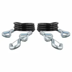 This standard duty safety cable from CURT is constructed of steel with a black cable and zinc-plated finish for corrosion resistance. It features a safety hook attachment style and an overall length of 43 11/12 inches. Used as a secondary connection between a tow vehicle and trailer, it helps prevent separation if the primary hitch fails.
