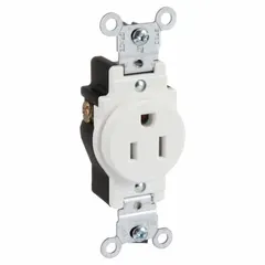 Single general-purpose receptacle rated 125V AC and 15A with 2-pole/3-wire grounding. White finish, NEMA 5-15 configuration for flush mounting. Suitable for powering standard devices in residential, commercial, and industrial settings.
