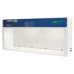 This high-performance clean bench provides a controlled environment for applications requiring low particle levels. Fully assembled with a base/stand and work surface included. Overall width 96 inches, depth 30 inches.