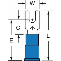 Vinyl-insulated block fork terminal for #14 stud size, accepting 16 AWG to 14 AWG wire. Rated 600 V with butted barrel style. Used for secure electrical connections in control panels, automation systems, and power distribution.