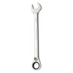 Alloy steel construction with a chrome finish. Features a 3/4 in 12-point ratcheting box end and an open end with offset design. Overall length of 9 3/4 in. Used for tightening or loosening fasteners in mechanical assembly and maintenance tasks.