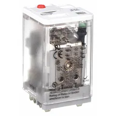 This Dayton C Series relay is a socket-mounted, plug-in device with a square base. It features DPDT contacts rated for 10 A at 24V AC and has 8 terminals. Suitable for general-purpose switching in industrial control panels and automation systems.