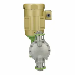 Heavy-duty motor-driven diaphragm metering pump with a PVDF head and PTFE diaphragm for precise chemical dosing. Features 316 SS check balls and fittings, PTFE seals, and a reproducibility of ±2.0%. Operates on 115/230V AC with a 1 hp motor. Suitable for corrosive and high-purity fluid handling in industrial water treatment and chemical processing.