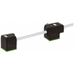 Double-valve DIN Form A solenoid connector cordset with two DIN Form A female right-angle connectors and bare wire terminations. Cable length 5 m, wire size 18 AWG, gray PUR jacket, IP67 rated. DIN connector spacing 300 mm. Used for electrical connection of solenoid valves in pneumatic and hydraulic systems.