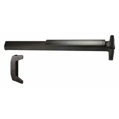 This rim-type exit device features a touchbar style and is designed for doors up to 3 ft wide. It includes a dummy pull outside trim and is ADA compliant. Suitable for use on commercial doors requiring panic hardware for safe egress.