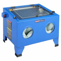 This heavy-duty benchtop siphon-feed blasting cabinet features a 22-inch wide by 18-inch deep work area and a top door for easy part access. With a maximum air flow of 6.2 cfm, it is suited for surface preparation, cleaning, and finishing of metal, plastic, and glass parts in maintenance, fabrication, and automotive settings.