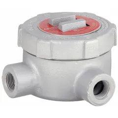Iron L-shaped conduit outlet body with threaded female hubs for use with threaded IMC. Includes cover and gasket. Triple coat epoxy finish. UL 886 listed for hazardous locations. Provides a 90-degree change in direction and pull point in conduit runs.
