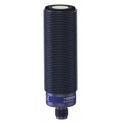 Cylindrical sensor with M30 threaded body and built-in 5-pin M12 connector. Operates on 10-30V DC supply voltage. Suitable for non-contact distance measurement and object detection in industrial automation applications such as level monitoring, presence sensing, and positioning.