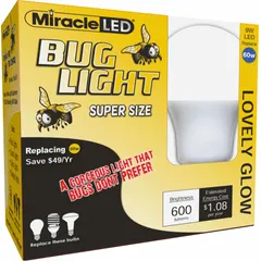 LED bug light lamp with A19 shape, frosted finish, and 2000K color temperature. Operates at 9W on 120V AC with a medium screw (E26) base. Designed for outdoor fixtures such as porch, patio, or garden lights, where reduced insect attraction is desired.