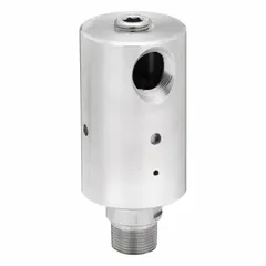 This DUFF-NORTON rotary union is a straight, plain stainless steel rotating joint with a single passage. It features a 3/4" threaded rotating shaft and a carbon graphite seal, supporting a maximum speed of 1000 rpm. Used to transfer fluid or gas from a stationary supply into rotating machinery such as drums, rolls, or spindles.