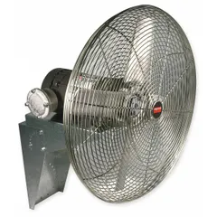 This Dayton wall-mount fan is designed for hazardous locations where flammable gases or vapors may be present. It features a 24-inch blade, 1/4 hp motor, single-speed non-oscillating operation, and mounts via bracket. Suitable for ventilation in industrial environments requiring safe air movement.