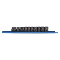 This 12-piece metric impact socket set includes 6-point sockets ranging from 8 mm to 19 mm with a 3/8 in drive. Each socket features a friction retention mechanism for secure bit holding. Designed for use with impact wrenches in fastening applications.