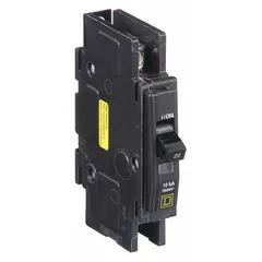 Single-pole miniature circuit breaker rated 20 A at 120/240V AC, with a maximum interrupting rating of 10kA at 120/240V AC. Designed for overcurrent protection in single-phase heating circuits. Part of the QOU Series.