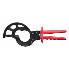 This ratcheting cable cutter features a center cut design and plastic handles. It is rated for cutting copper cable up to 1000 MCM and data cable up to 2 1/16 inches in maximum diameter. The ratcheting mechanism provides clean, consistent cuts with reduced effort, suitable for electrical and telecommunications installations.