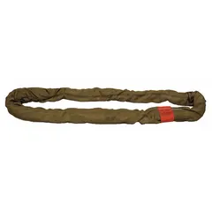 Endless round sling for lifting and rigging heavy loads in industrial settings. Constructed from polyester and nylon for flexibility and strength. Sling length 18 ft, body diameter 2 3/4 in. Type 5 configuration.