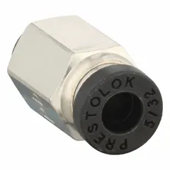 Nickel-plated brass push-to-connect fitting with UNF thread. Connects 5/32 in OD tubing to a #10-32 male thread. Suitable for pneumatic or fluid systems in industrial automation and packaging equipment.