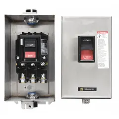 Enclosed non-reversing manual motor starter, 3 poles, 27 A, 600V AC, NEMA Size M-1. Requires 3 thermal units (not included) for thermal protection. Used for starting and stopping motors in applications such as pumps, conveyors, and fans.