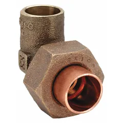 Low-lead cast bronze sweat fitting elbow with 3/4 in CTS cup x female threaded (FTG) connections. Used to join copper tubing to threaded components in potable water and hydronic heating systems. Meets lead-free plumbing codes for safe drinking water applications.