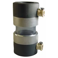 Flow cell with four ports for directing sample flow past multiple sensors in water-quality monitoring systems. Overall dimensions: 4 in height, 4 in width, 13 in depth. Used in environmental, wastewater, and industrial process applications for continuous multi-parameter measurement.