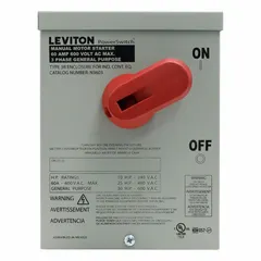 Three-pole enclosed manual motor switch rated 60 A at 600V AC. Non-metallic NEMA 3R enclosure for surface mounting, suitable for outdoor or damp locations. Provides local on/off motor control in industrial and commercial settings.