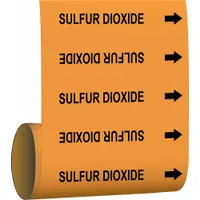 Orange adhesive pipe markers with black legend text reading 'Sulfur Dioxide' and directional arrows. Each roll contains 30 markers designed for pipe outer diameters of 2 inches and smaller. Used to identify sulfur dioxide piping in industrial facilities for hazard communication and safety compliance