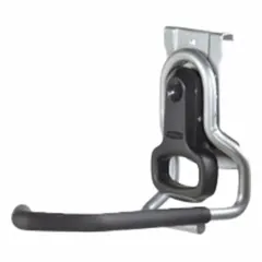 This steel hook is designed for use with wall-mount track systems to store bicycles vertically, helping to free up floor space in garages, sheds, or workshops. It measures 6.6 inches by 7.5 inches by 3.1 inches and supports loads up to 50 pounds.