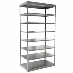 This heavy-duty shelving unit features a steel frame and steel shelves, finished in gray. It includes 8 shelves, with overall dimensions of 48 inches wide by 24 inches deep by 84 inches high. The bolted and clip-mount design allows for full access and reconfiguration. Suitable for organizing bulk parts, tools, and equipment in industrial storage areas.