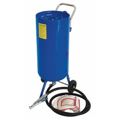 This pressure-feed portable abrasive blaster has a 125 lb media capacity and requires a 16 cfm air supply. It is used for surface preparation, cleaning, and finishing, such as removing rust, paint, and scale from metal, concrete, and other surfaces in industrial maintenance, metal fabrication, and construction applications.
