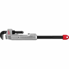 This MILWAUKEE pipe wrench features an aluminum construction for reduced weight and serrated jaws for secure gripping. With a 2-1/2 in jaw capacity and available in 11 in, 18 in, and 24 in overall lengths, it is suited for turning pipes, fittings, and round objects in plumbing and maintenance tasks.