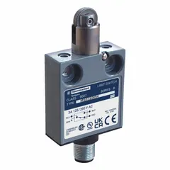 This top-mount roller-plunger limit switch features a metallic housing and a steel roller plunger. It is equipped with a 4-pin M12 connector for electrical connection. Typical applications include position sensing and object detection in industrial automation, such as on conveyors and packaging machinery.