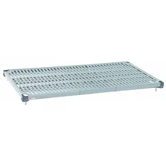 Ventilated shelf with taupe polymer deck and steel frame. Rated for 600 lb capacity. Suitable for storage in commercial kitchens, laboratories, and healthcare environments where moisture resistance and antimicrobial properties are beneficial.