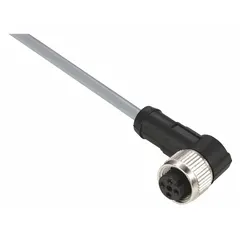 Single-ended cordset with a gray PVC jacket for flexing applications. Features an M12 female right-angle connector on one end and bare wire on the other, with 4 pins, 18 AWG wire, and 2 m cable length. Rated IP65, supports up to 3 A. Used to connect sensors or actuators to control systems in industrial automation.
